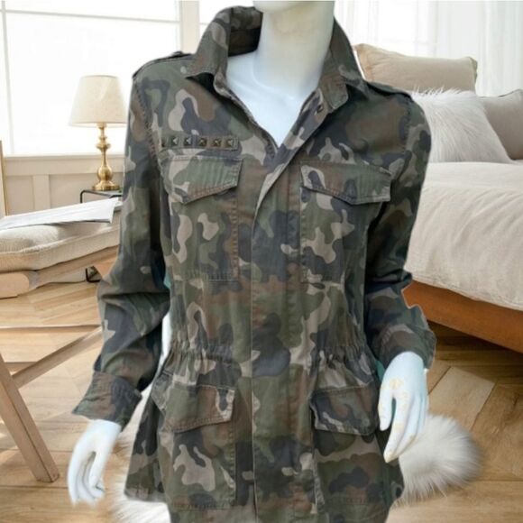 MILITARY UTILITY ARMY CAMO CINCHED DRAWSTRING WAIST STUDDED SMALL JACKET COAT - Picture 5 of 10